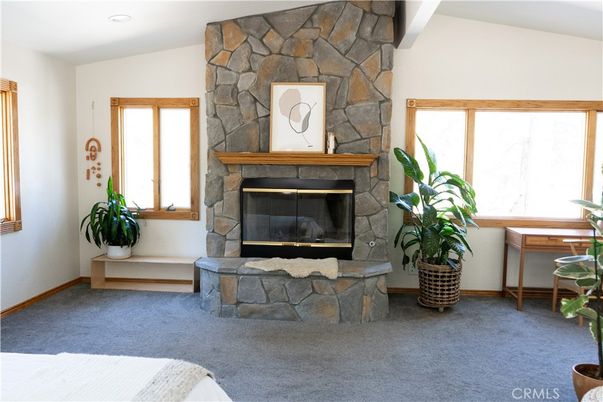 Fireplace, Interior, Recessed Lighting, Stone Walls