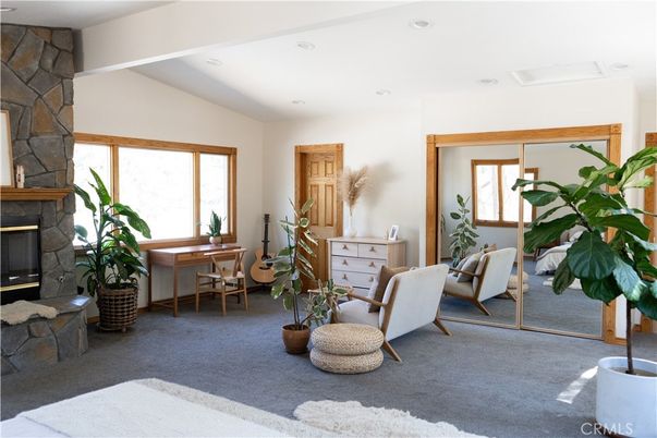 Fireplace, Home Office, Interior, Recessed Lighting, Stone Walls