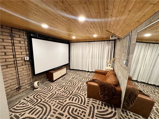 Interior, Projection Screen, Recessed Lighting, Stone Walls, Theatre Room, Wooden Ceilings