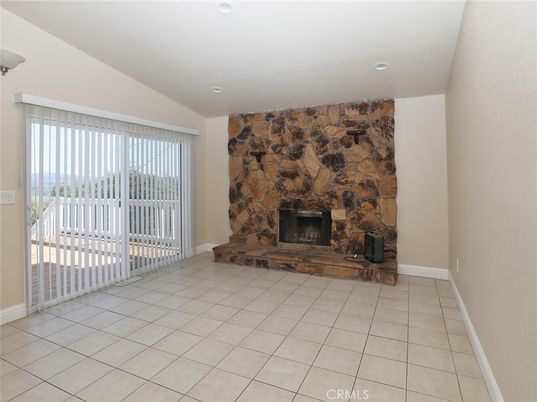 Empty room, Fireplace, Interior, Recessed Lighting, Stone Walls
