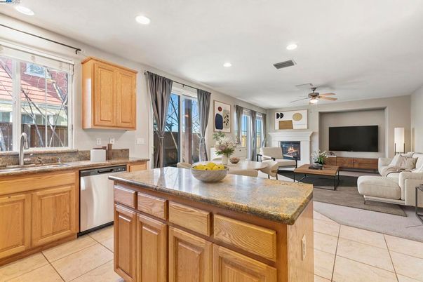 Fireplace, Interior, Kitchen, Living room, Recessed Lighting
