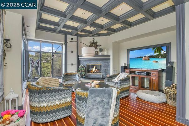 Fireplace, Interior, Living room, Recessed Lighting, Wood Texture Flooring