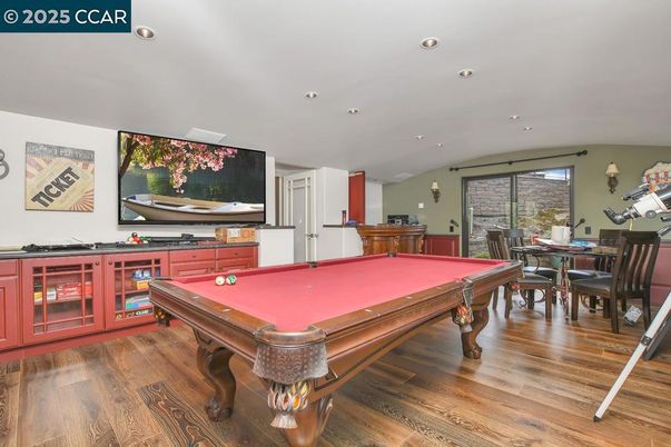 Billiard Table, Dining room, Game Room, Interior, Recessed Lighting, Wood Texture Flooring