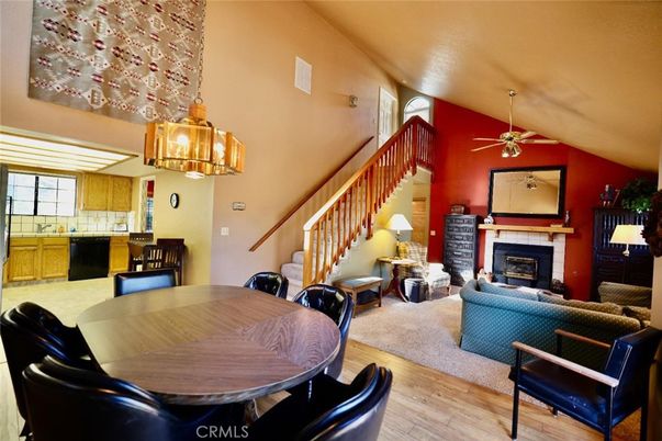 Dining room, Fireplace, Interior, Kitchen, Living room, Pendant Lights, Wood Texture Flooring