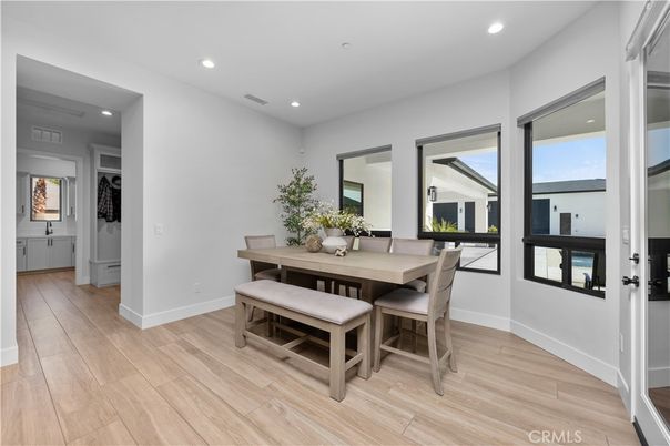 Dining room, Interior, Recessed Lighting, Wood Texture Flooring