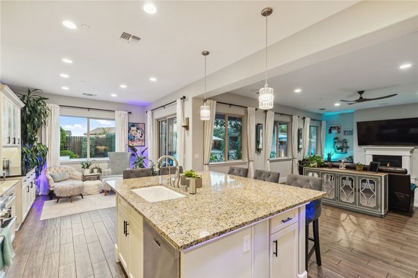 Dining room, Fireplace, Interior, Kitchen, Living room, Pendant Lights, Recessed Lighting, Wood Texture Flooring