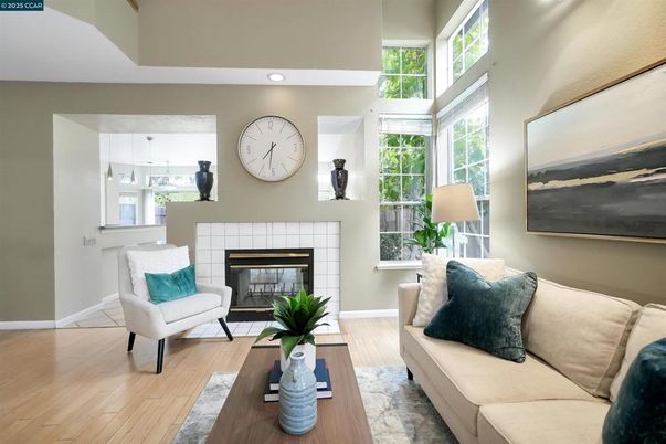 Fireplace, Interior, Living room, Pendant Lights, Recessed Lighting, Wood Texture Flooring