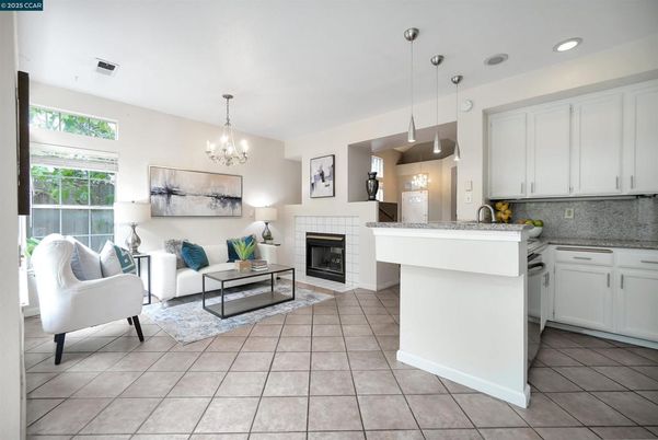 Chandelier, Fireplace, Interior, Kitchen, Living room, Pendant Lights, Recessed Lighting