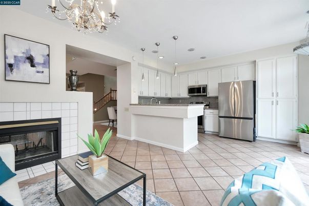 Fireplace, Interior, Kitchen, Pendant Lights, Recessed Lighting, Stainless Steel Appliances