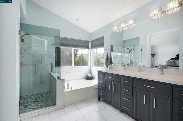 Bathroom, Dual Sink Vanities, Glass Shower, Interior, Marble Walls