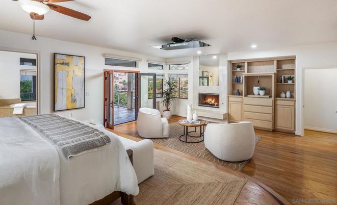 Bedroom, Fireplace, Interior, Living room, Recessed Lighting, Wood Texture Flooring