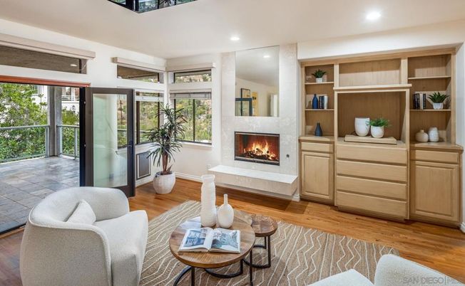 Fireplace, Interior, Living room, Recessed Lighting, Wood Texture Flooring