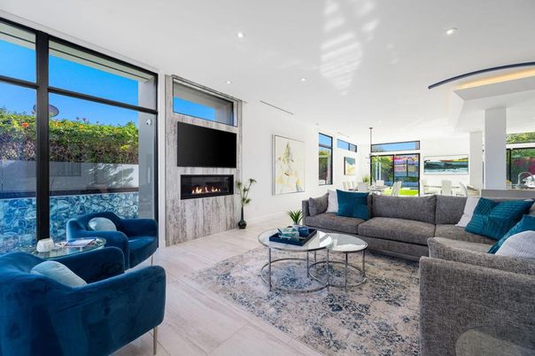 Fireplace, Interior, Living room, Recessed Lighting, Wood Texture Flooring