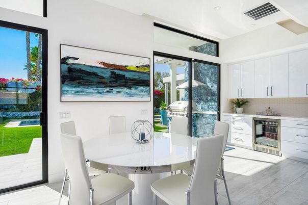 Dining room, Fireplace, Interior, Kitchen, Recessed Lighting, Wood Texture Flooring