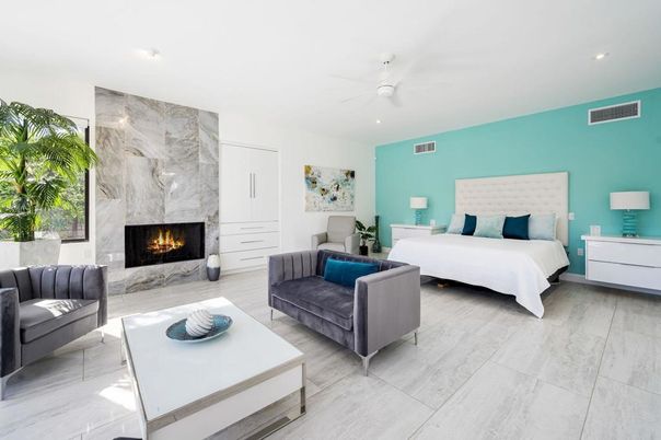 Bedroom, Fireplace, Interior, Marble Walls, Recessed Lighting, Wood Texture Flooring