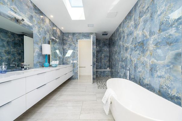 Bathroom, Dual Sink Vanities, Free Standing Baths, Interior, Marble, Marble Walls, Recessed Lighting