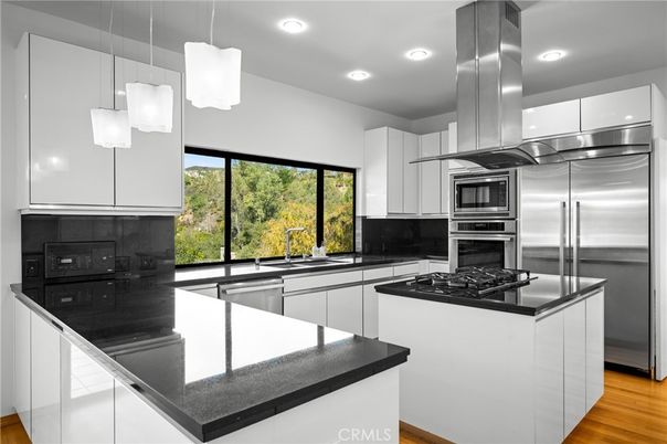 Interior, Kitchen, Pendant Lights, Recessed Lighting, Stainless Steel Appliances, Wood Texture Flooring