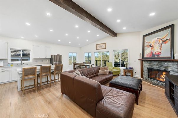 Dining room, Fireplace, Interior, Kitchen, Living room, Recessed Lighting, Stainless Steel Appliances, Wooden Beams, Wood Texture Flooring