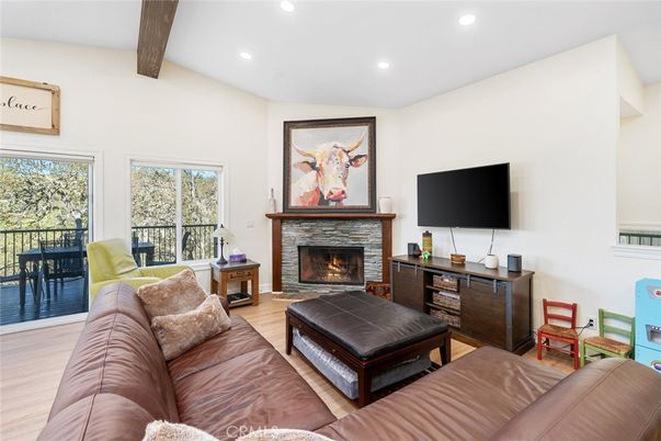 Fireplace, Interior, Living room, Recessed Lighting, Wooden Beams, Wood Texture Flooring