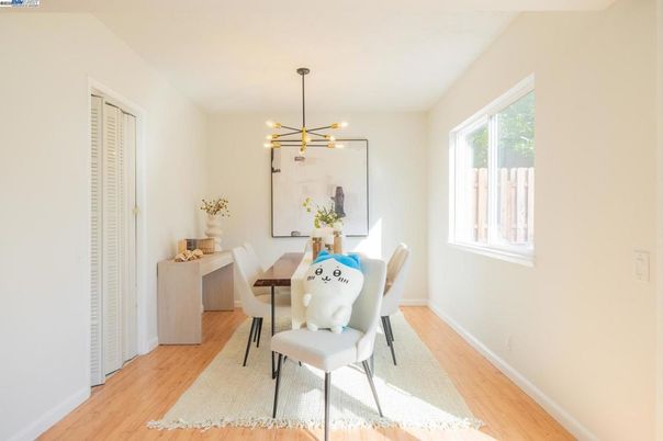 Dining room, Interior, Pendant Lights, Wood Texture Flooring