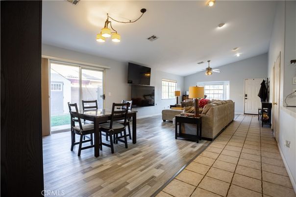 Dining room, Interior, Living room, Recessed Lighting, Wood Texture Flooring