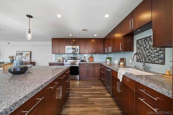 Interior, Kitchen, Pendant Lights, Recessed Lighting, Stainless Steel Appliances, Wood Texture Flooring