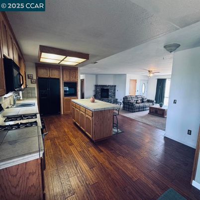 Fireplace, Interior, Kitchen, Living room, Wood Texture Flooring