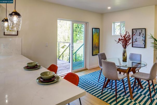 Dining room, Interior, Pendant Lights, Recessed Lighting, Wood Texture Flooring