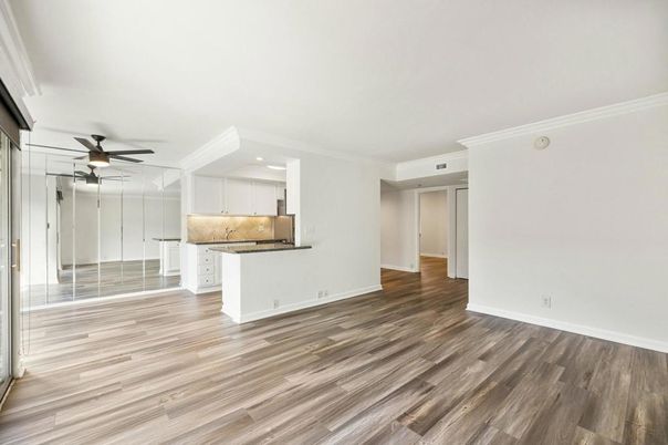Empty room, Interior, Kitchen, Recessed Lighting, Wood Texture Flooring
