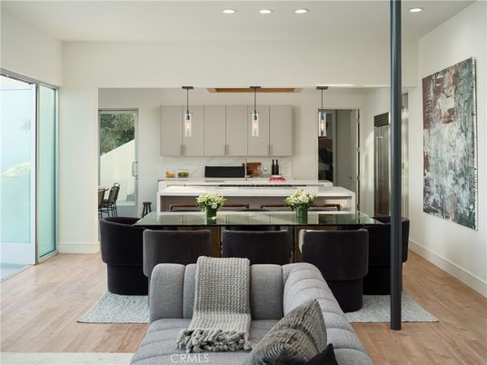Dining room, Interior, Kitchen, Living room, Pendant Lights, Recessed Lighting, Stainless Steel Appliances, Wood Texture Flooring