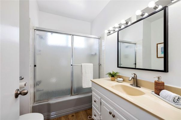 Bathroom, Glass Shower, Interior, Wood Texture Flooring