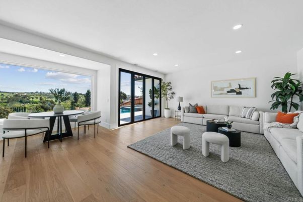 Dining room, Interior, Living room, Recessed Lighting, Wood Texture Flooring
