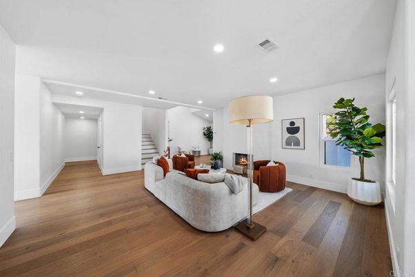 Fireplace, Interior, Living room, Recessed Lighting, Wood Texture Flooring