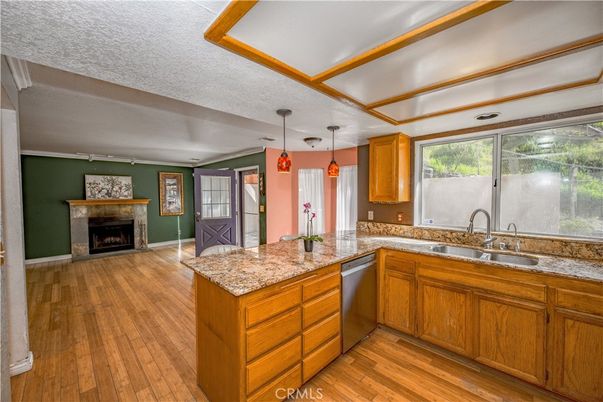 Fireplace, Interior, Kitchen, Pendant Lights, Wood Texture Flooring