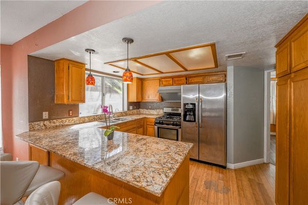 Interior, Kitchen, Pendant Lights, Stainless Steel Appliances, Wood Texture Flooring