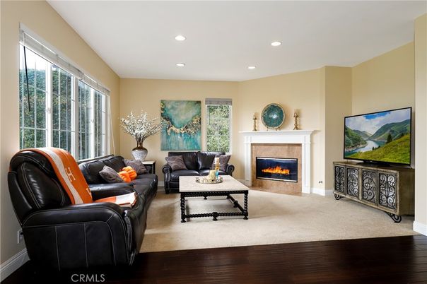 Fireplace, Interior, Living room, Recessed Lighting, Wood Texture Flooring