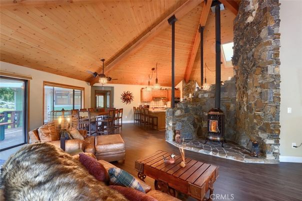 Dining room, Fireplace, Interior, Living room, Pendant Lights, Wooden Beams, Wooden Ceilings, Wood Texture Flooring