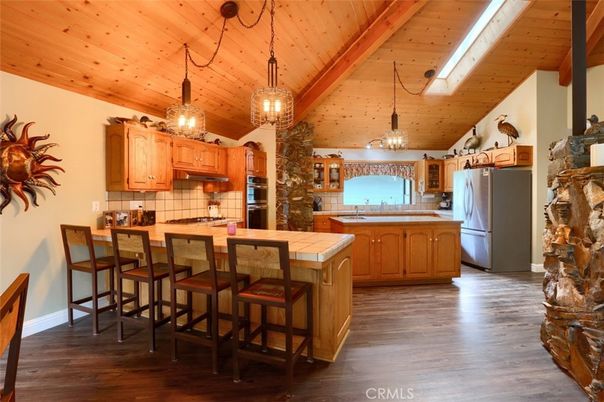 Chandelier, Interior, Kitchen, Pendant Lights, Tile Countertops, Wooden Beams, Wooden Ceilings, Wood Texture Flooring