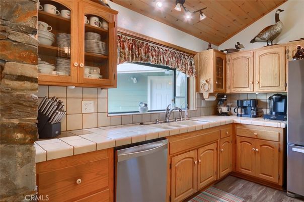 Interior, Kitchen, Stainless Steel Appliances, Tile Countertops, Wood Texture Flooring