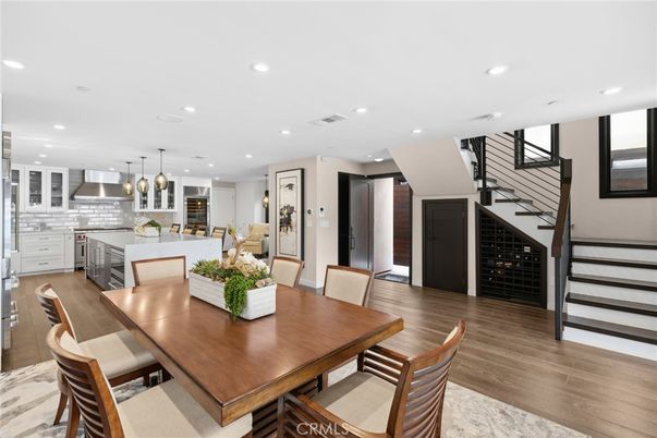 Dining room, Interior, Kitchen, Pendant Lights, Recessed Lighting, Stainless Steel Appliances, Wood Texture Flooring