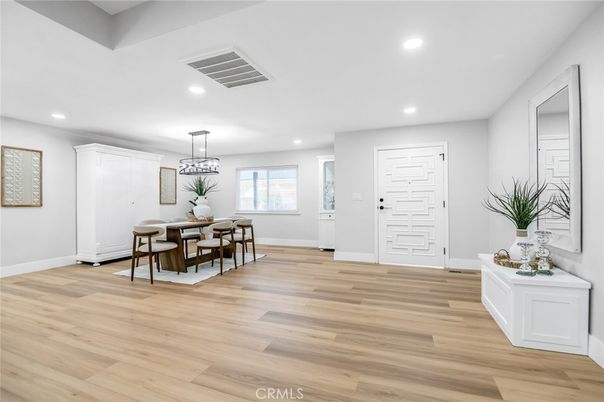 Dining room, Interior, Pendant Lights, Recessed Lighting, Wood Texture Flooring