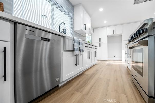 Interior, Kitchen, Recessed Lighting, Stainless Steel Appliances, Wood Texture Flooring