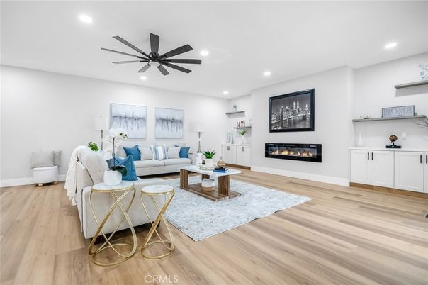 Fireplace, Interior, Living room, Recessed Lighting, Wood Texture Flooring