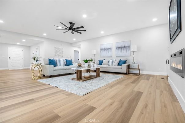 Fireplace, Interior, Living room, Recessed Lighting, Wood Texture Flooring