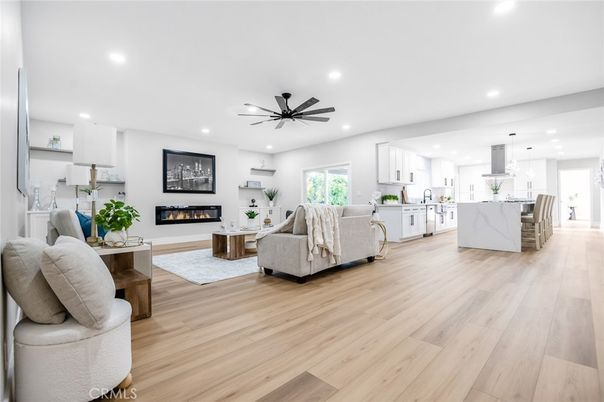 Fireplace, Interior, Kitchen, Living room, Pendant Lights, Recessed Lighting, Wood Texture Flooring