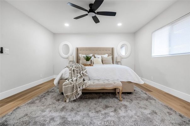 Bedroom, Interior, Recessed Lighting, Wood Texture Flooring