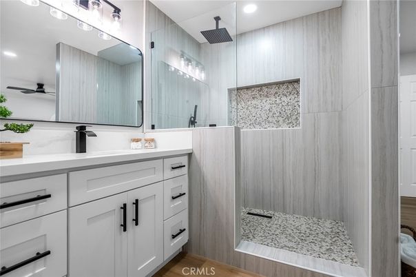 Bathroom, Interior, Recessed Lighting, Wood Texture Flooring
