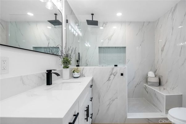 Bathroom, Glass Shower, Interior, Marble Walls, Recessed Lighting