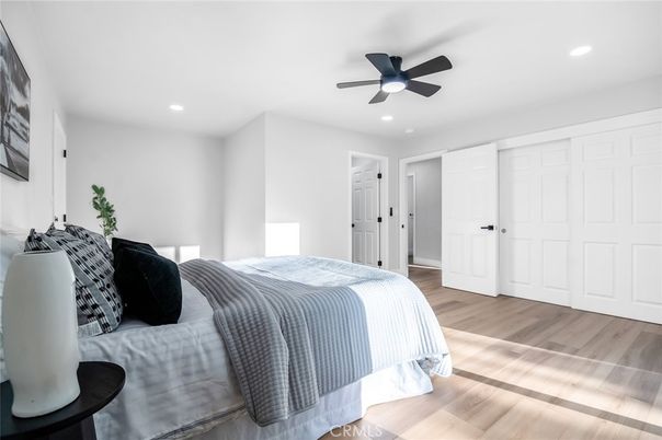 Bedroom, Interior, Recessed Lighting, Wood Texture Flooring
