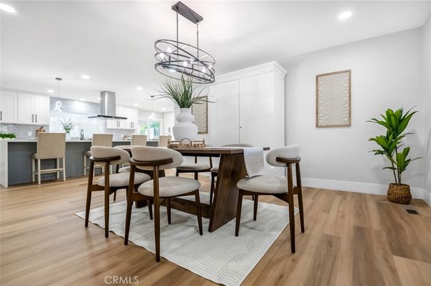 Dining room, Interior, Kitchen, Pendant Lights, Recessed Lighting, Wood Texture Flooring
